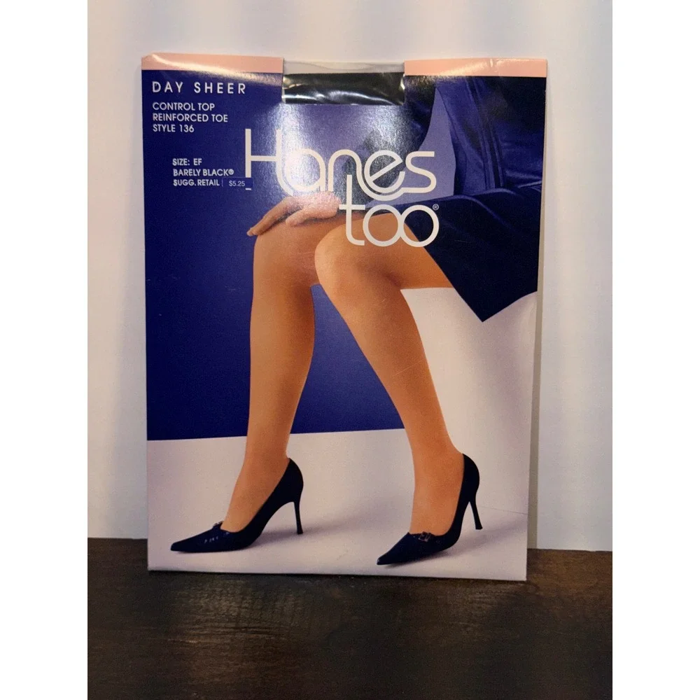 Hanes Too Day Sheer Pantyhose Barely Black Size EF Control Top Style 136 Vintage